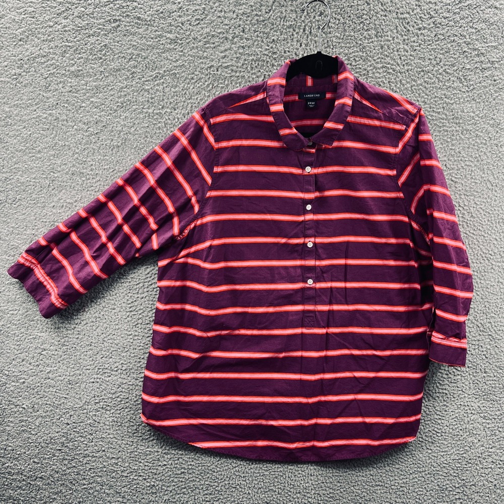 Lands End Women Button Up Shirt 24W Purple Pink Stripe Office Lightweight Casual
